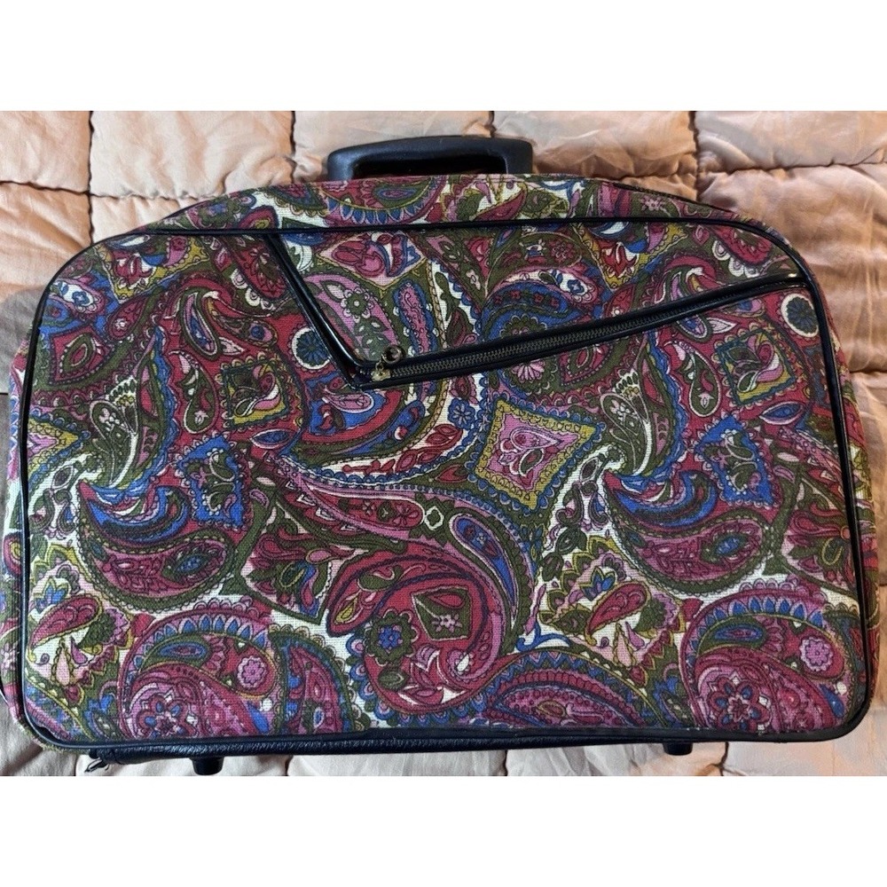 Vtg. A.D. Sutton & Sons Small Blue Paisley Suitcase Travel Luggage Bag No Key